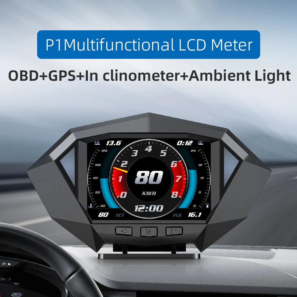 P1 Digital HUD Car Head Up Display On Board Computer Clock Slope Meter GPS Speedometer OBD2 Diagnostic Tools Instrument Cluster