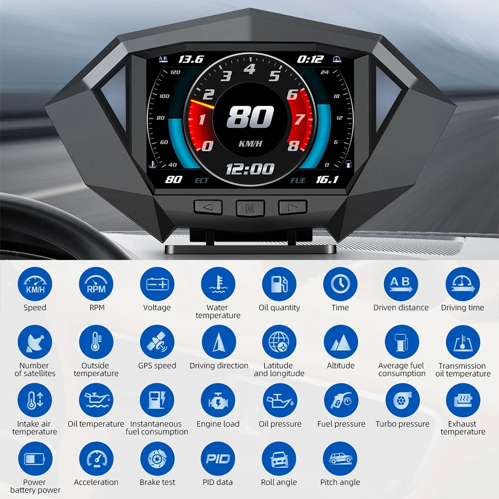 P1 Digital HUD Car Head Up Display On Board Computer Clock Slope Meter GPS Speedometer OBD2 Diagnostic Tools Instrument Cluster