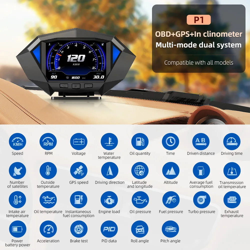 P1 Digital HUD Car Head Up Display On Board Computer Clock Slope Meter GPS Speedometer OBD2 Diagnostic Tools Instrument Cluster