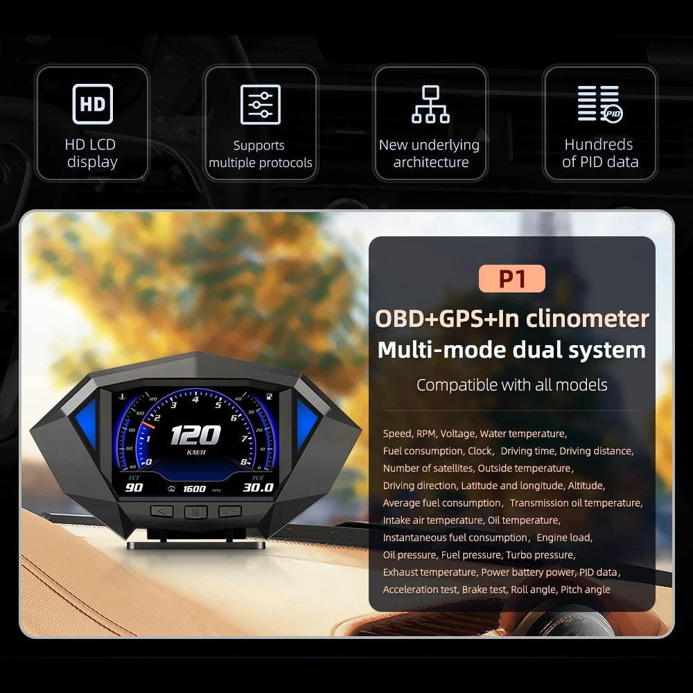 P1 Digital HUD Car Head Up Display On Board Computer Clock Slope Meter GPS Speedometer OBD2 Diagnostic Tools Instrument Cluster