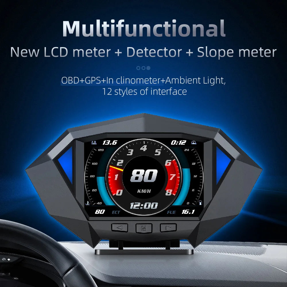 P1 Digital HUD Car Head Up Display On Board Computer Clock Slope Meter GPS Speedometer OBD2 Diagnostic Tools Instrument Cluster